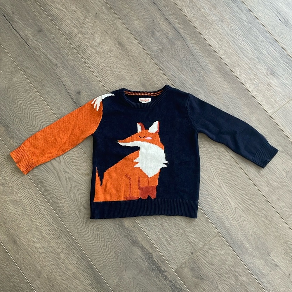 CAT AND JACK Blue Orange Fox Knit Sweater Toddler Boy Size 4T Color Block Cotton
